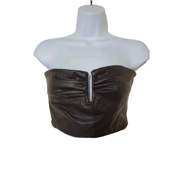 Zara Womens Corset Top Small Faux Leather Chocolate Brown V Neck Top Zip Closure - Picture 1 of 12